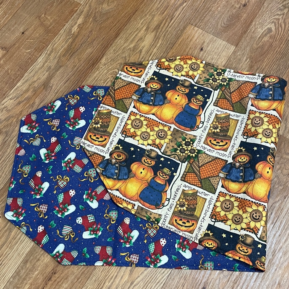 Fall Pumpkin Christmas Stocking Reversible Handcrafted Table Runner